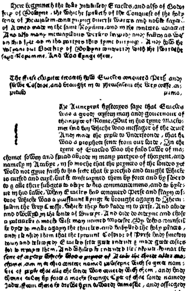 Facsimile de la primera pgina de Godefrey of Boloyne, impresa por Caxton en Londres, 1481. 